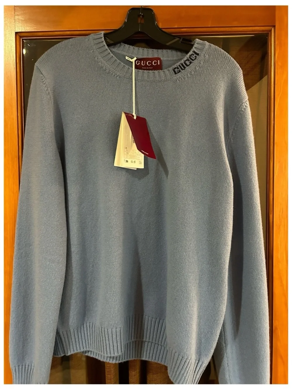 Gucci Light Blue Men's felted wool knit Crewneck Sweater size XL Italy